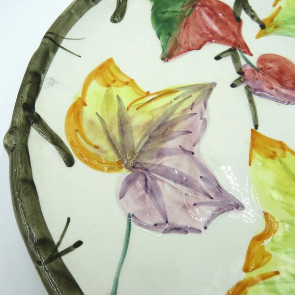 Leaf Plate Handpainted 11.5" Colorful Autumn Leaves Twig Border Made in Italy - Picture 3 of 9